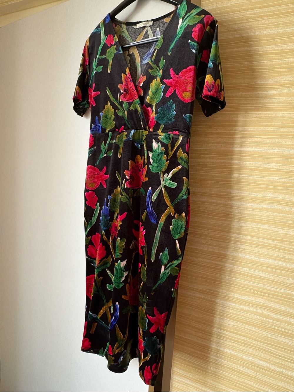 Black Velvet Midi Dress with Red & Green Floral Print